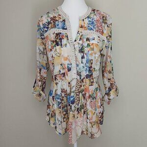 Anthropologie Maeve Abella Floral Pintuck Patchwork Blouse Size 10